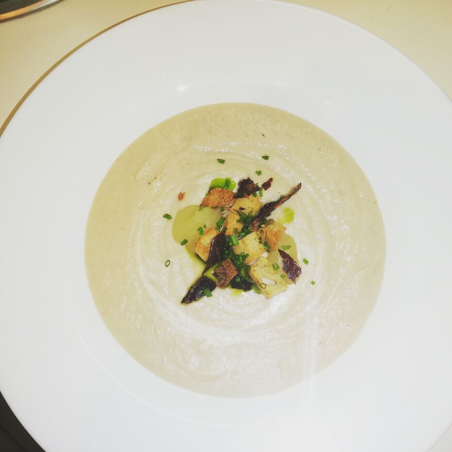 Parsnip apple chestnut soup, cecina de leon, apple puree, herb oil.jpg