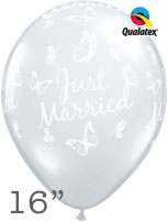Diamond Clear Just Married Butterflies 16" Latex Balloons 50pk
