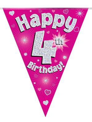Pink Happy 4th Birthday Holographic Flag Banner