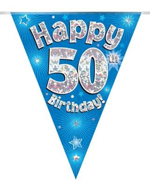 Blue Happy 50th Birthday Holographic Flag Banner
