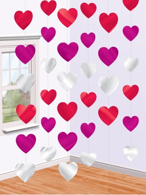 Valentine's Love Heart Hanging Decoration 6pk - Red & Pink