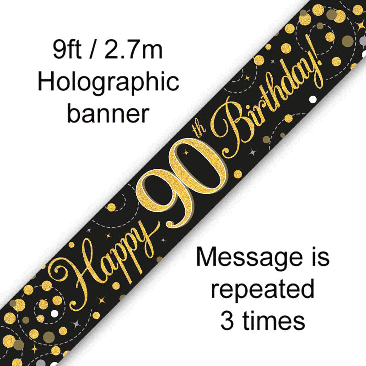 Sparkling Fizz Black Gold 90th Birthday Banner