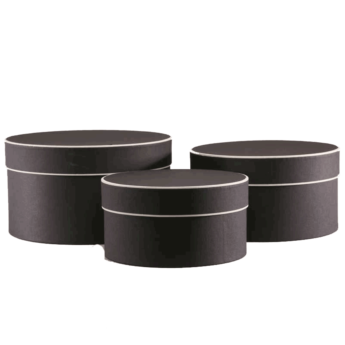 Set of 3 large black round hat boxes with cream trim