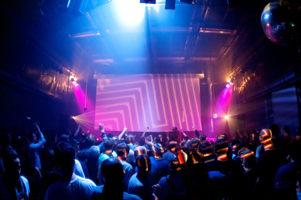 Crowd of people in a club. DJ in front of the crownd