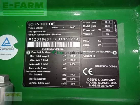 Cosechadora de Cereal - John Deere - t660i prodrive 30 km/h