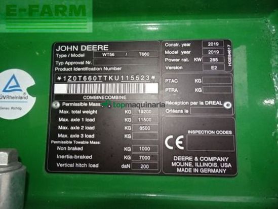 Cosechadora de Cereal - John Deere - t660i prodrive 30 km/h