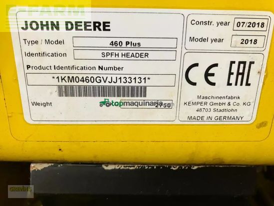 Cosechadora de Cereal - John Deere - 8500i inkl. kemper 460 plus