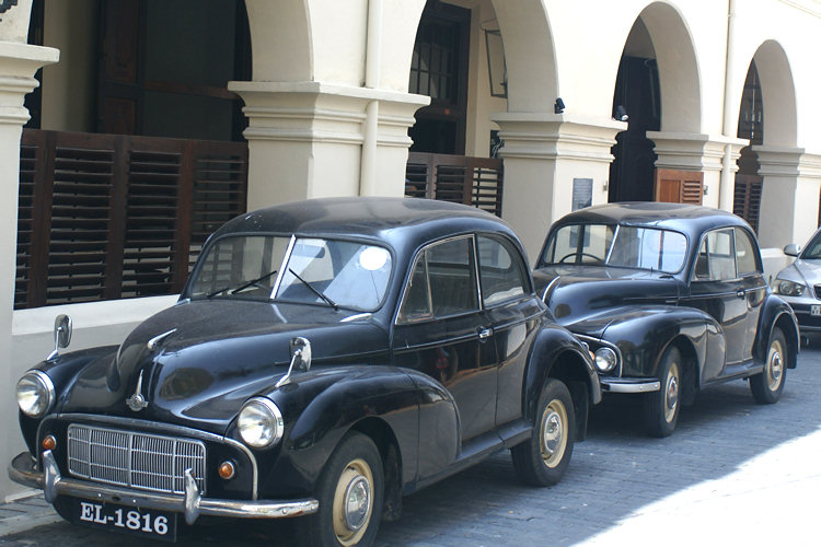 Morris Minor Classic cars outside The Fort Printers Hotel in Galle Sri Lanka Morris Minor Classic car