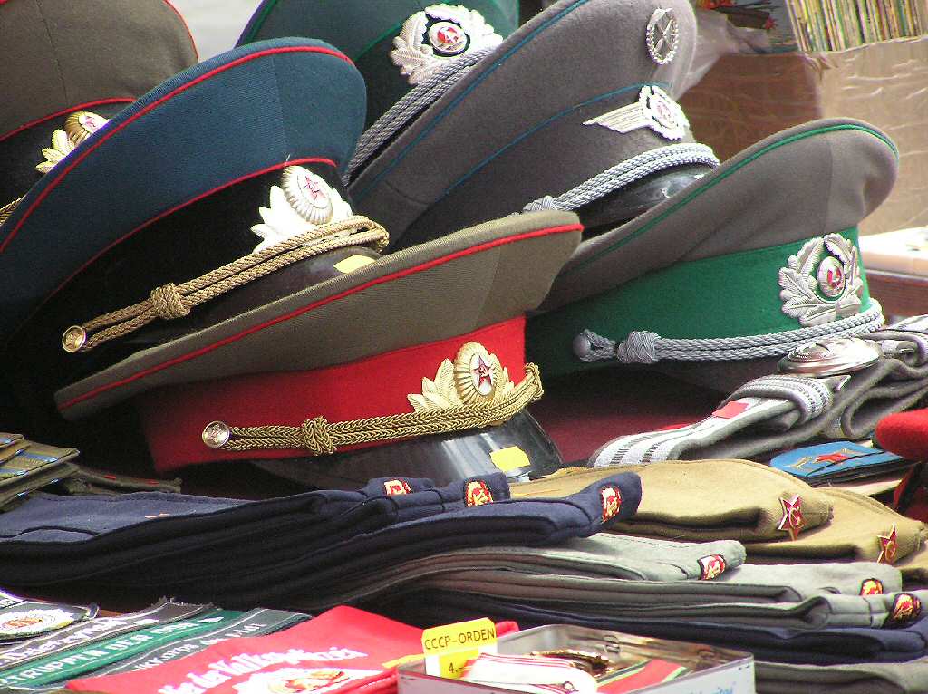 Russian and eastgerman hats can be found on sale at tourist stalls East Germand hats