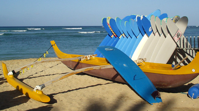 Surf Boards and Catamaran for hire on Waikiki Beach Honolulu on Oahu island in Hawaii Surf Boards