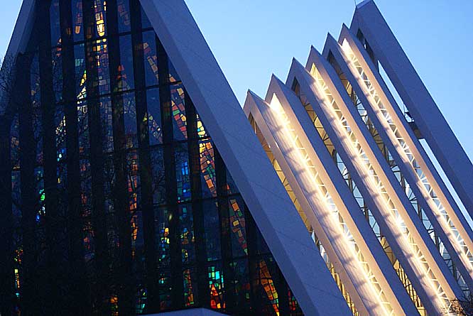 Picture of the stained glass windows in the Arctic Cathedral in Tromso northern Norway stained glass windows in the Arctic Cathedral Norway