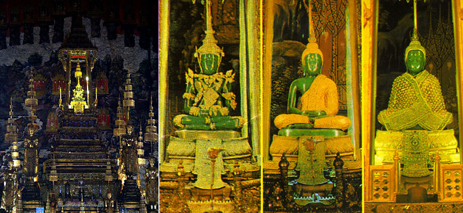 The Green Emerald Buddha statue is clothed with garments made of gold. The Green Emerald Buddha