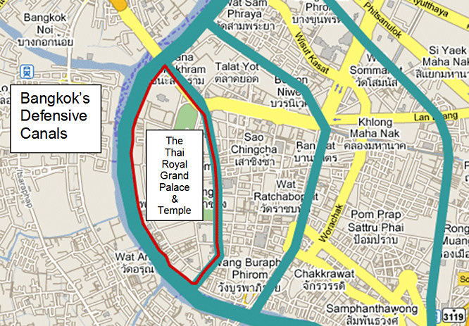 Map of the Royal Thai Grand Palace in Rattanakosin Bangkok - defensive canal map Bangkok defensive canal map