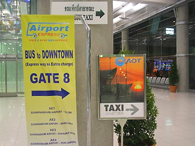 Airport Express bus Transport from Thailand’s Suvarnabhumi international Airport to Bangkok lOOK FOR THE TAXI SIGNS