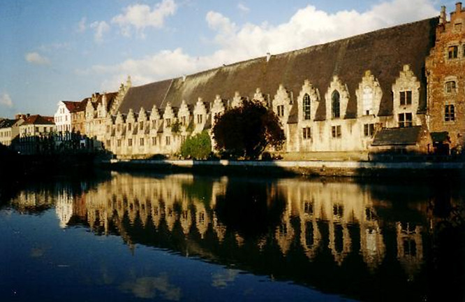 Along the river you can see the Ghent Groot Vleeshuis Gent Meat House Market Hall river view of the Gent Meat House Market Hall
