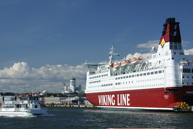 Photo taken of the modern Viking boat that is now part of the History of Helsinki, Finland Viking ferry boat
