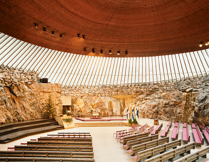 Photo taken inside the rock church Temppeliaukio Kirkko in Helsinki, capital of Finland Rock church Temppeliaukio Kirkko