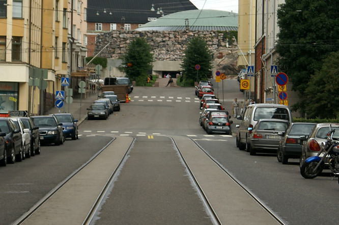 Photo taken at street level of the rock church Temppeliaukio Kirkko in Helsinki, capital of Finland the rock church