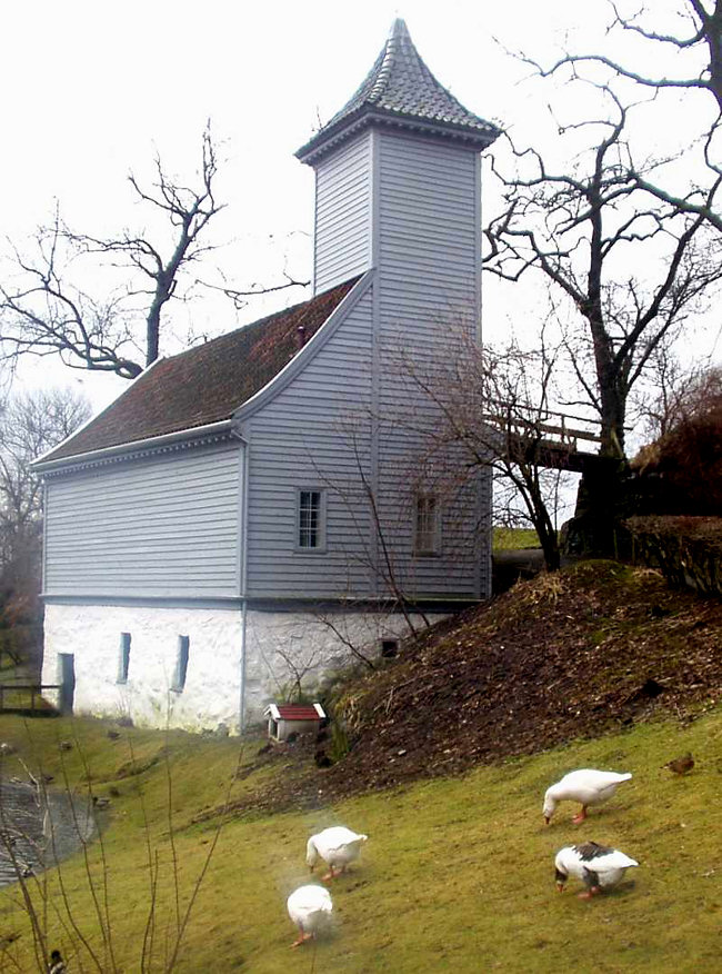 The wooden church in the Old Bergen Museum in Norway wooden church in the Old Bergen Museum