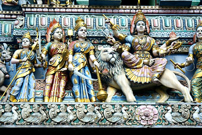 Statues at the Sri Veeramakaliamman Hindu Temple in Little India Singapore Sri Veeramakaliamman Hindu Temple
