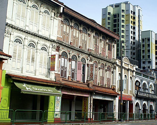 Old style woodend shuttered windowed shops in Little India Singapore Singapore's Little India