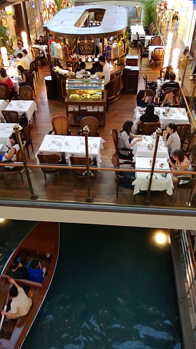 Take afternoon tea on a bridge over the canal in the Marina Bay Sands Hotel Shoppping Centre in Singapore Afternoon Tea at TWG in the Marina Bay Sands Hotel Shopping Centre