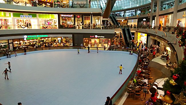 Notice the two balconies that allow you to look down on the skaters on the indoor ice rink at Marina Bay Sands Hotel Singapore Ice Rink