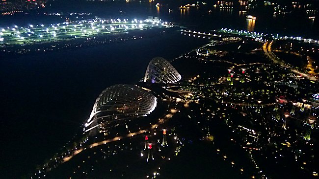 The night view of of the Garden By the Bay complex from the Ocean view rooms of the Marina Bay Sands Hotel Garden By the Bay