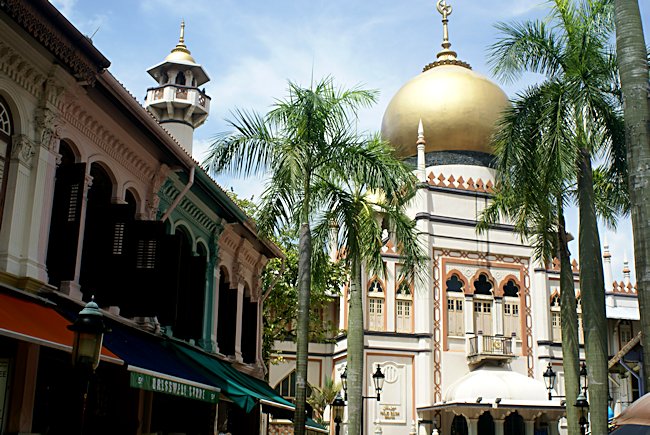 The view of the Sultan Mosque from Bussorah Street in Singapore Sultan Mosque