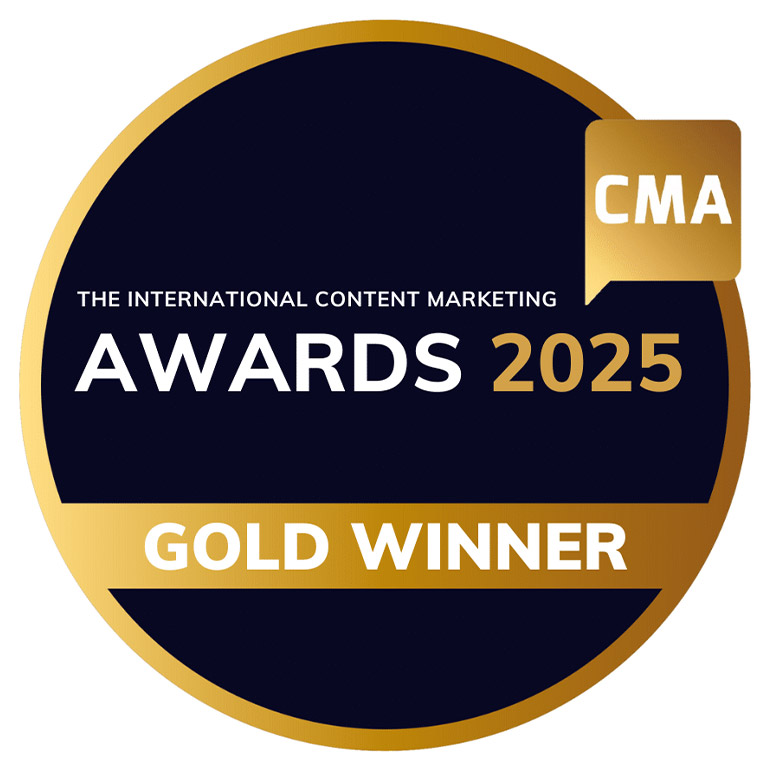 A circular logo with gold and white elements. Text reads: The International Content Marketing Awards (CMA) 2025 Gold winner.