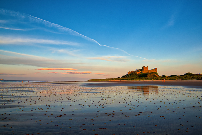 A view across the beach to Bamburgh Castle.
