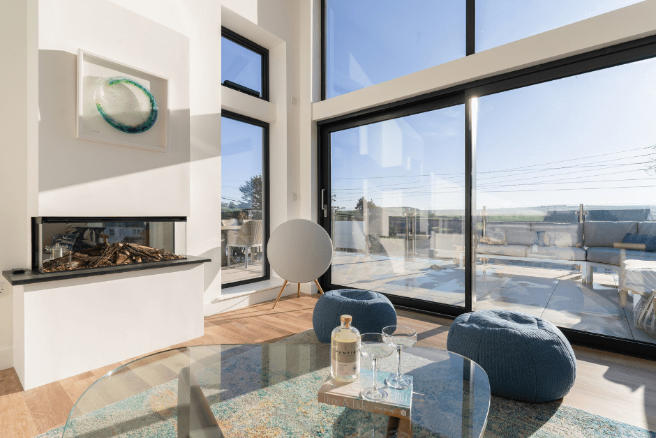 The contemporary living space of First Light in Rock, Cornwall.