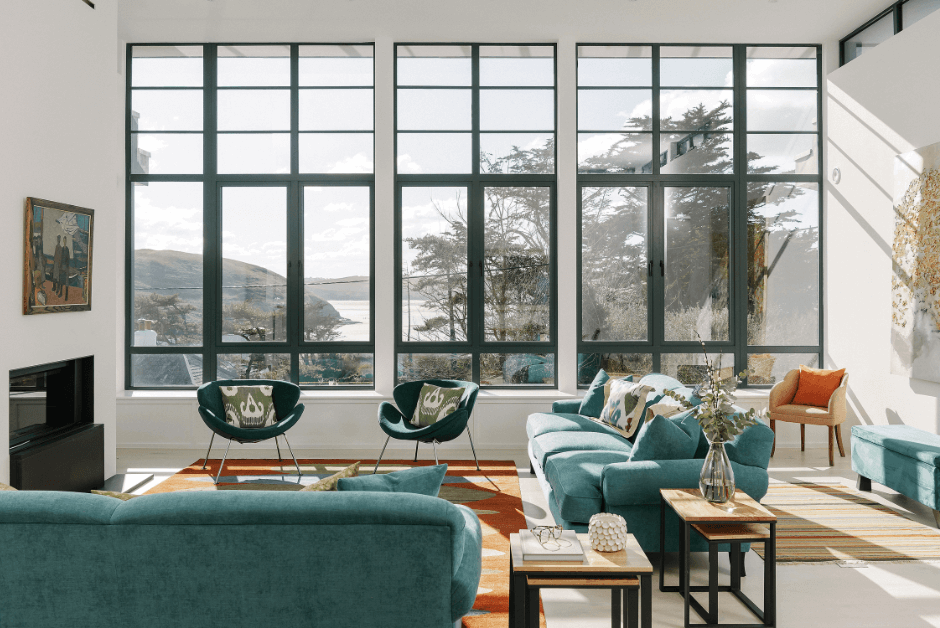 The lounge area with coastal views at Coolgrena, Daymer Bay.  