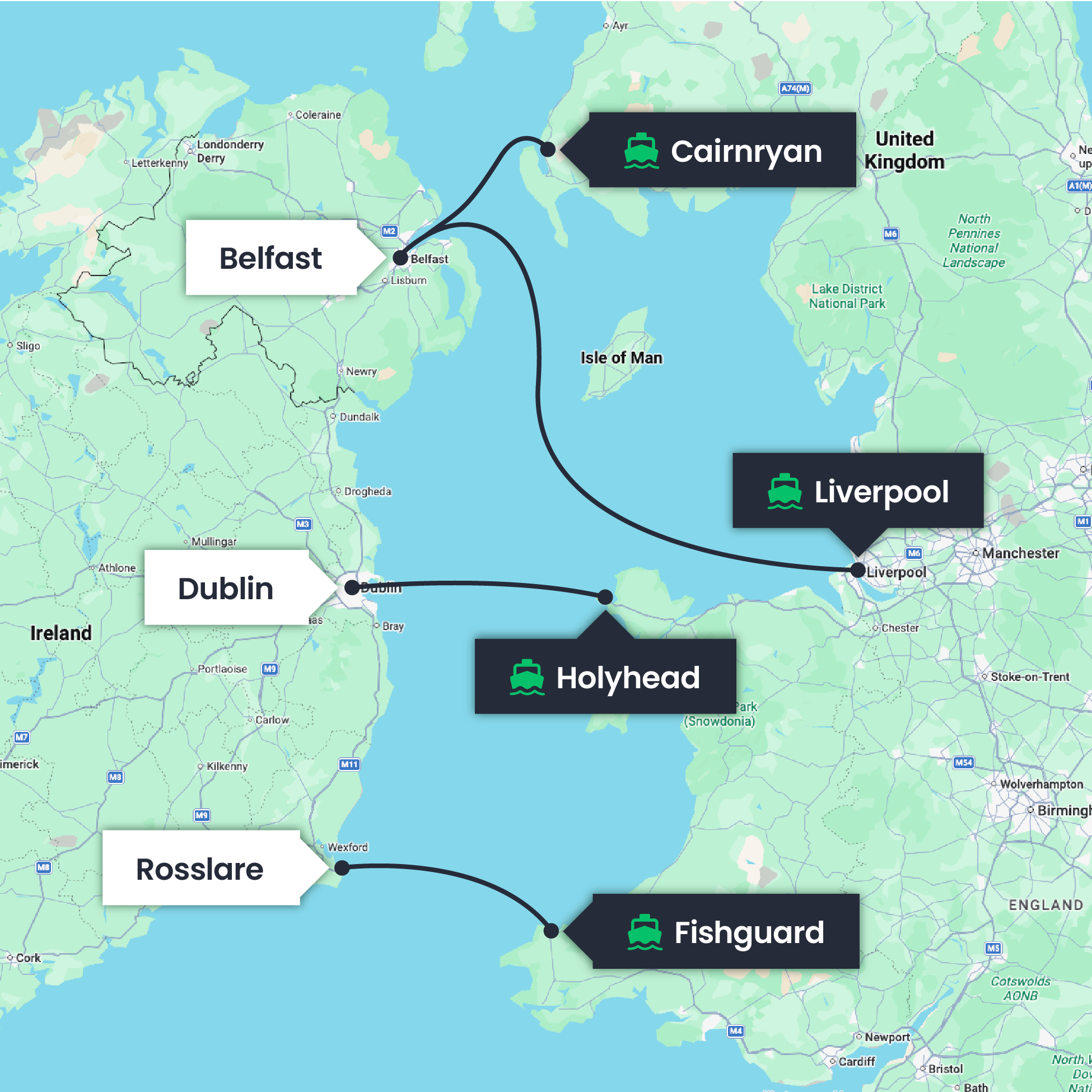 Ferry route map to Ireland