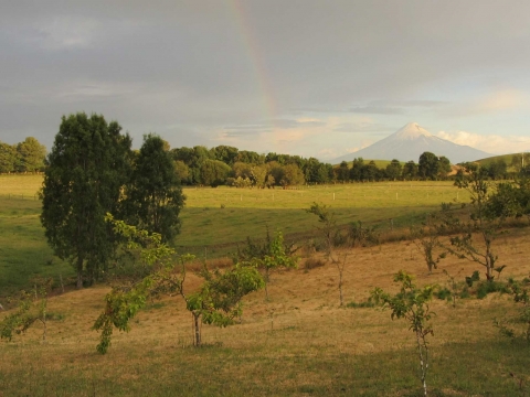 Pucon - Puerto Montt, 15.Jan. - 25.Jan. - Ausblick beim Abendessen (Vulkan Osorno) Pucon - Puerto Montt, 15.Jan. - 25.Jan. - Ausblick beim Abendessen (Vulkan Osorno)