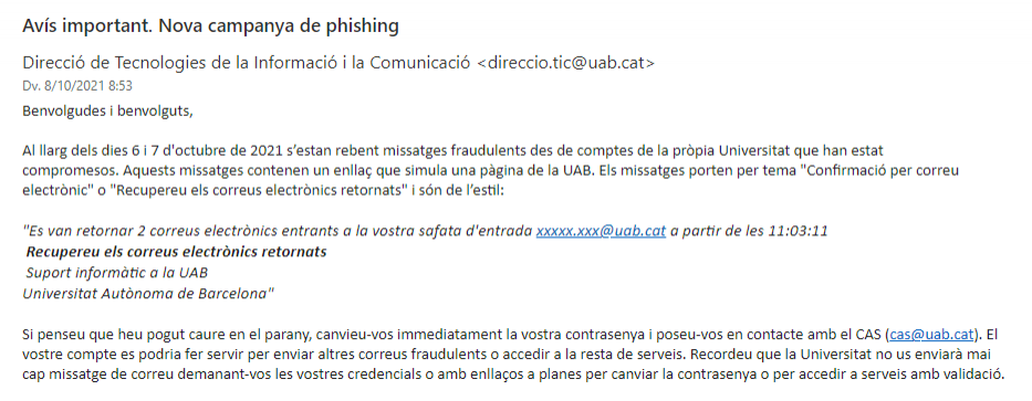 Captura de pantalla del correu de la DTIC.