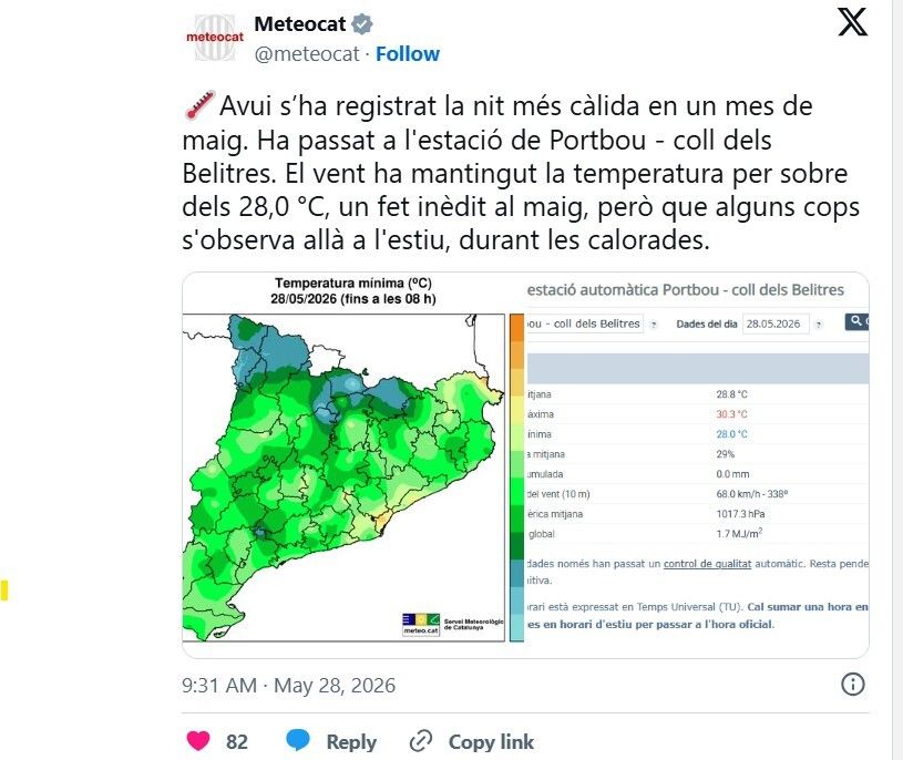 Captura de pantalla d'un tuit de Meteocat sobre el temps a Catalunya