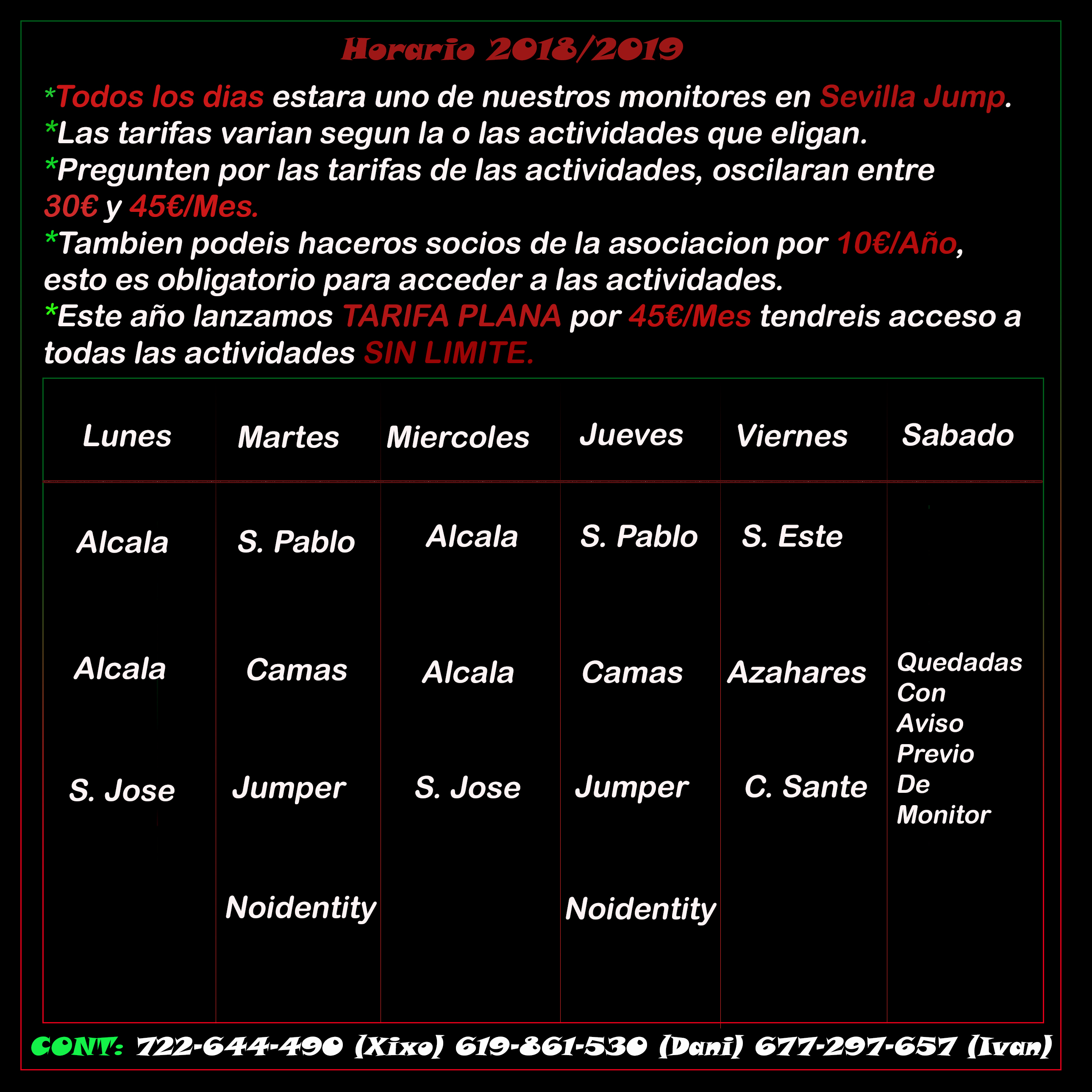 Horario actividades temporada 2018-2019