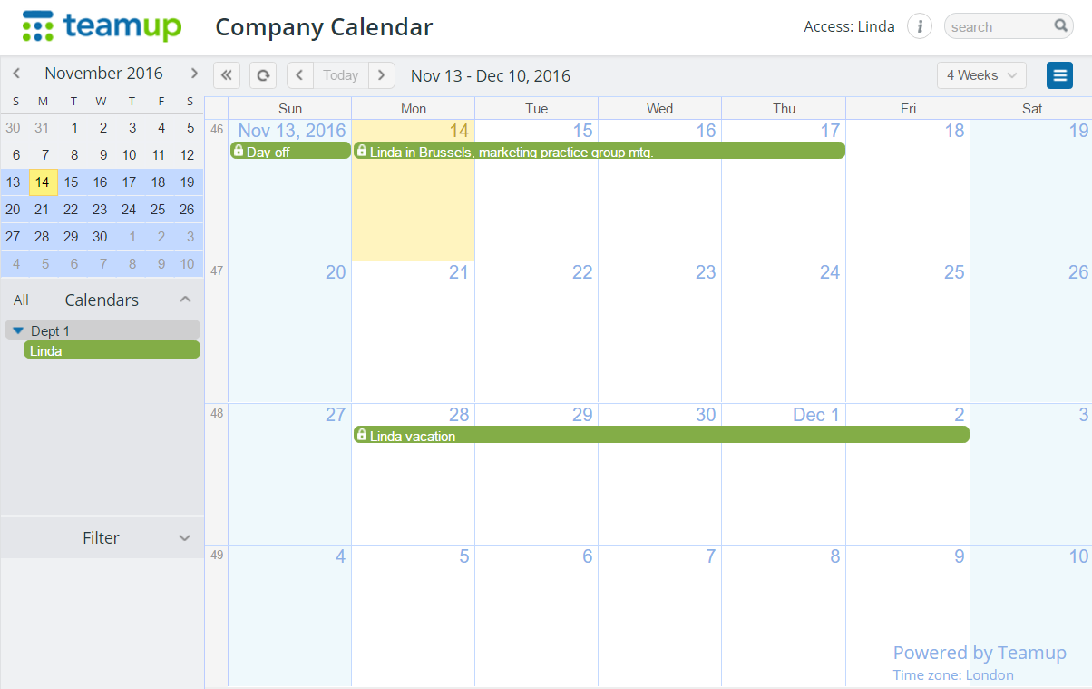 View only individual employee who could update her own calendar