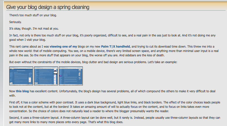 Screenshot example of bad blog design