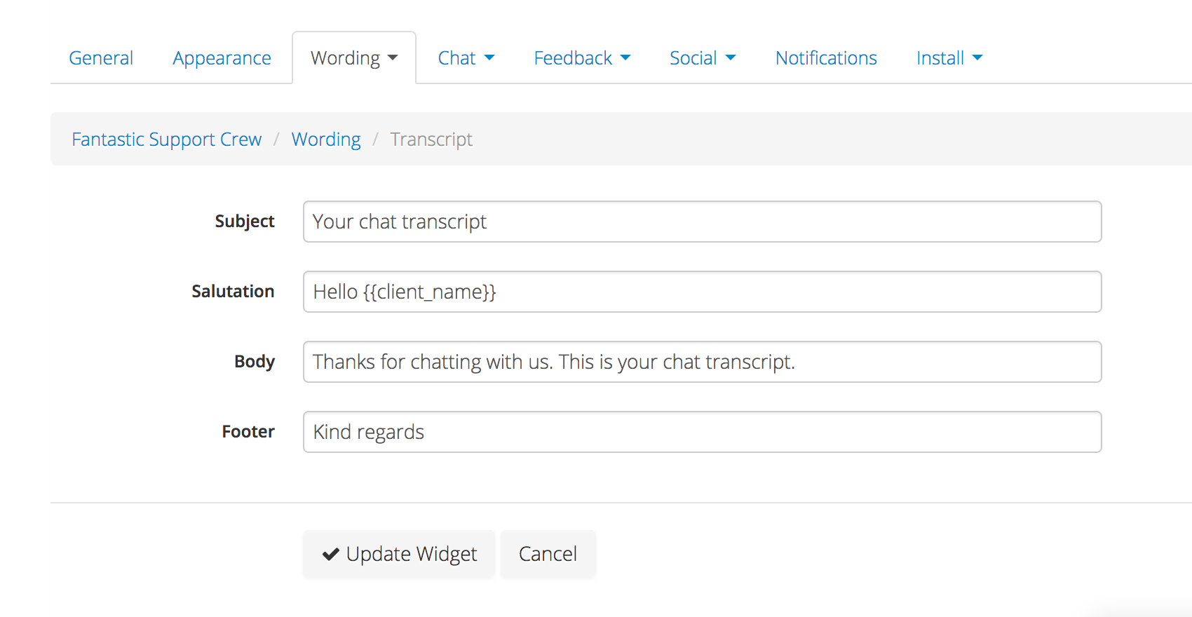 Ansicht im Dashboard zur Textbearbeitungsfunktion der E-Mail-Transkripte