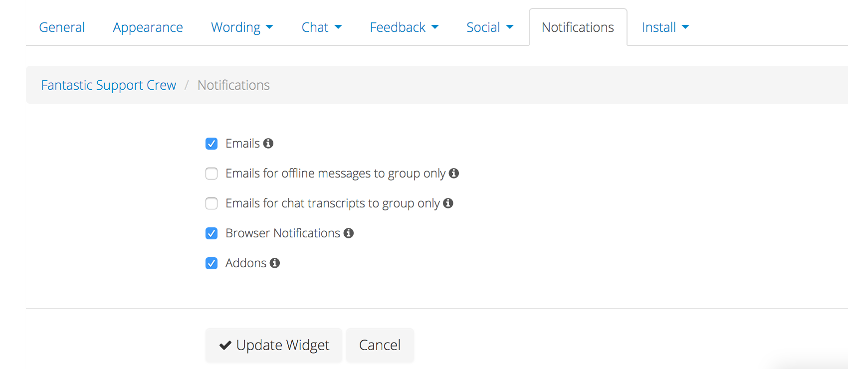 The Notifications tab in your Widget Editor.
