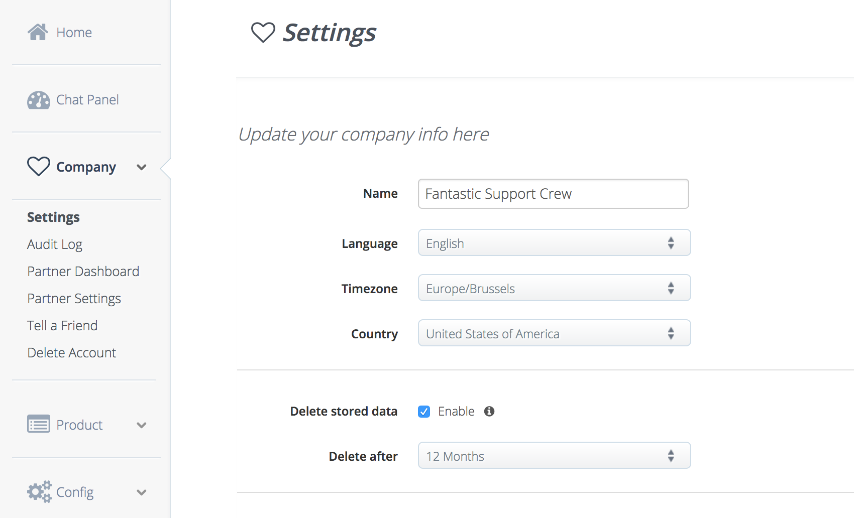 The company settings sections in the Userlike dashboard.