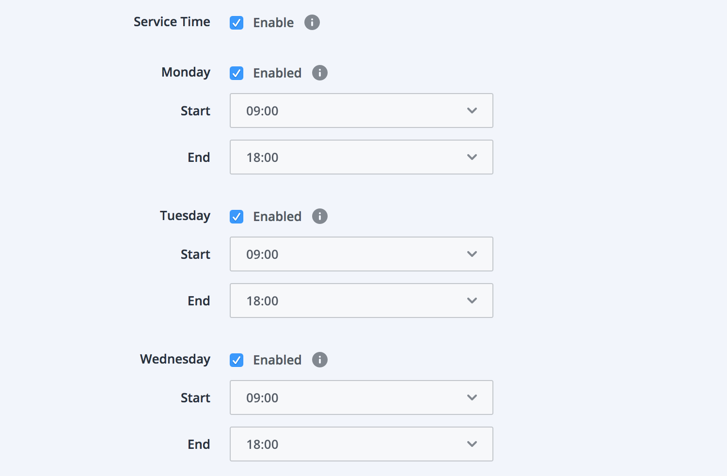 Übersicht zur Einstellung der Geschäftszeiten im Dashboard