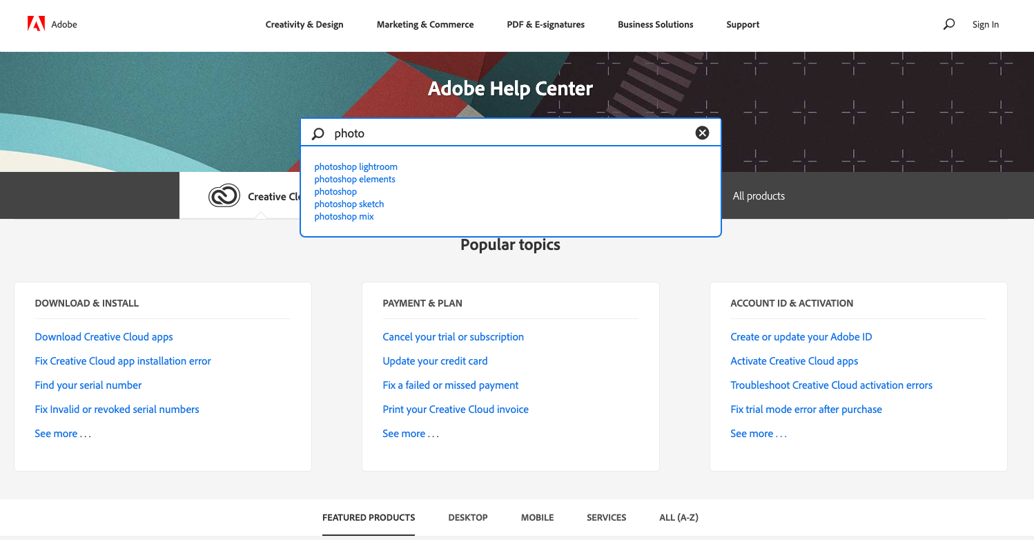 Screenshot of Adobe Help Center