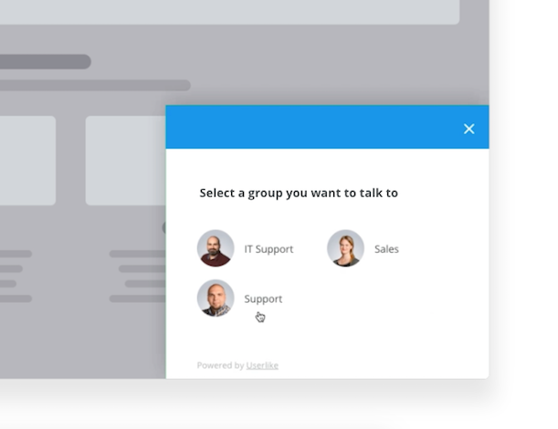 Drei Operatoren-Gruppen zur Auswahl im Chat-Widget