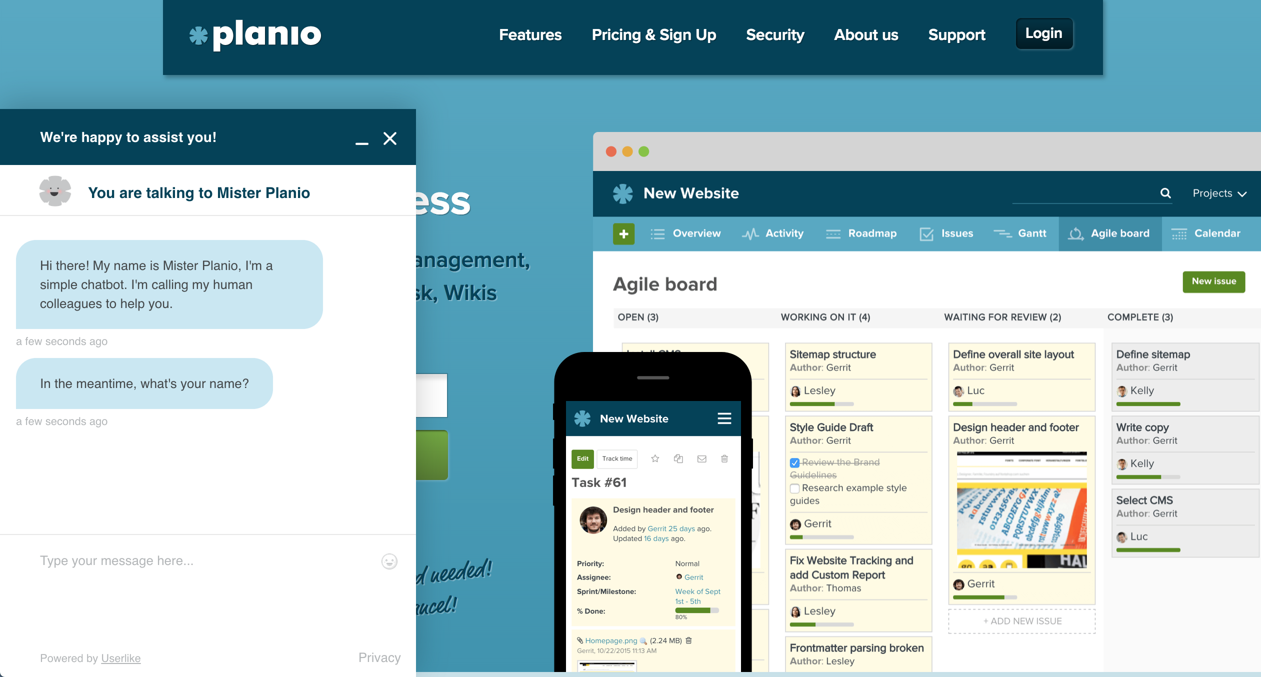 Screenshot of Plan.io's website with Mister Planio