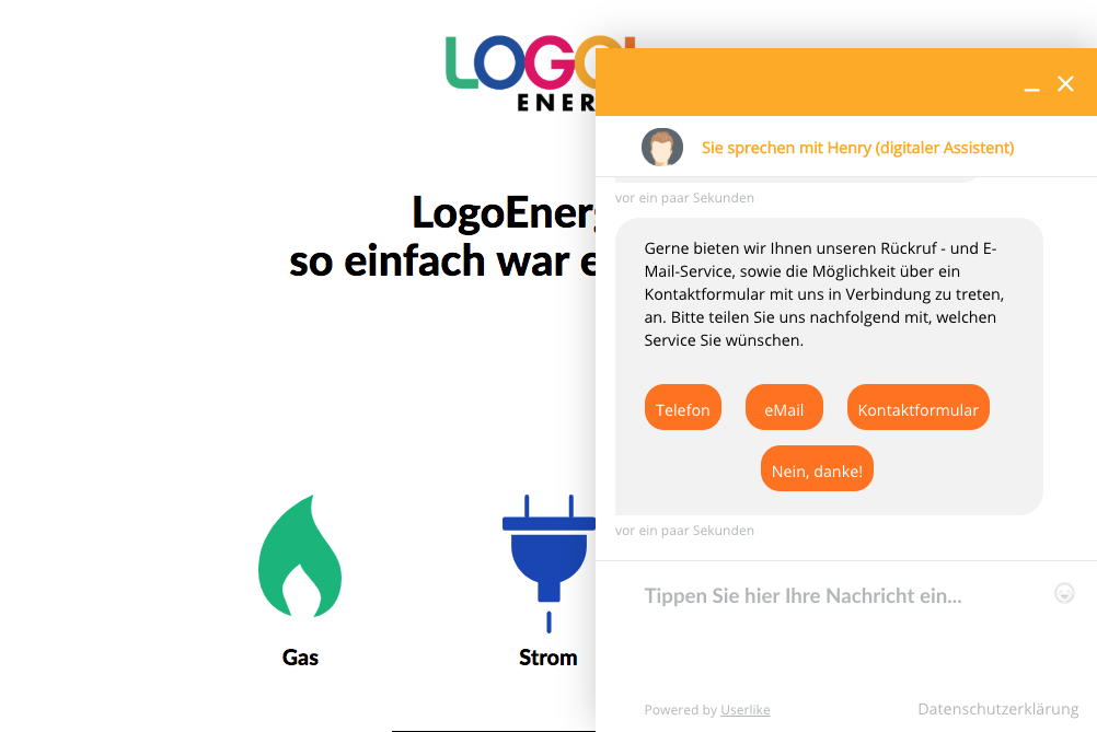 Screenshot einer Konversation mit Chatbot Henry im Chat-Fenster von Userlike