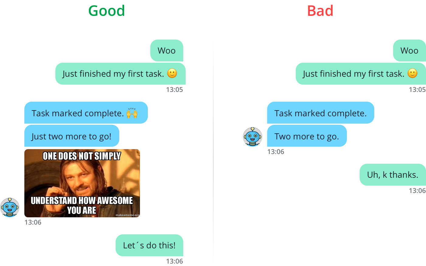 Gutes und schlechtes Beispiel für Chatbot-Design