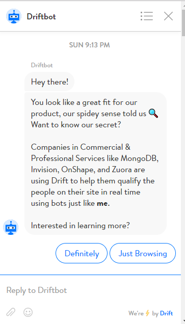 Screenshot einer langen Willkommens-Nachricht vom Drift-Chatbot
